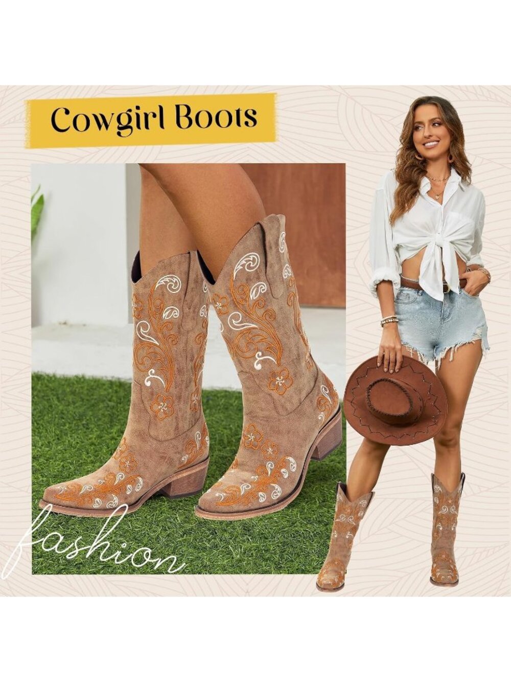 Women's Light Brown Cowgirl Boots Pointed Toe Chunky Heels Country Western Boots - Picture 6 of 7
